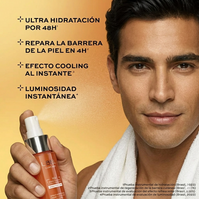 skincare para hombre, hidratante para iluminar el rostro uso de día lumi age mist en spray